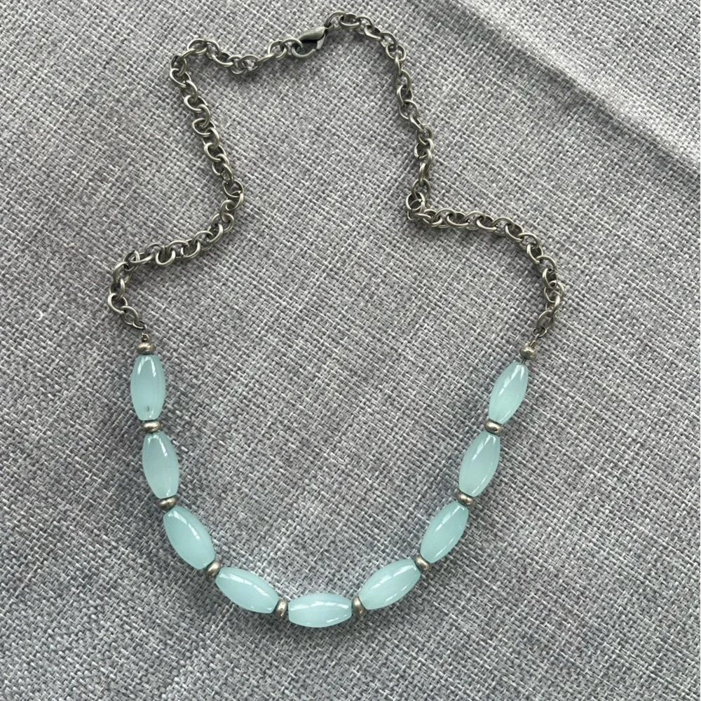 Aqua Blue Glass Beaded Necklace with Silver Accents and Pewter Tone Chain